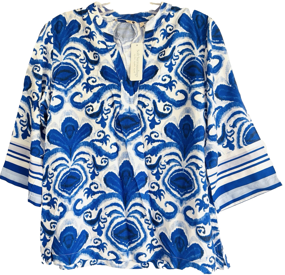 Soft Surroundings Womens L Blue Pari Tunic Shirt Top Blouse V-Neck Abstract